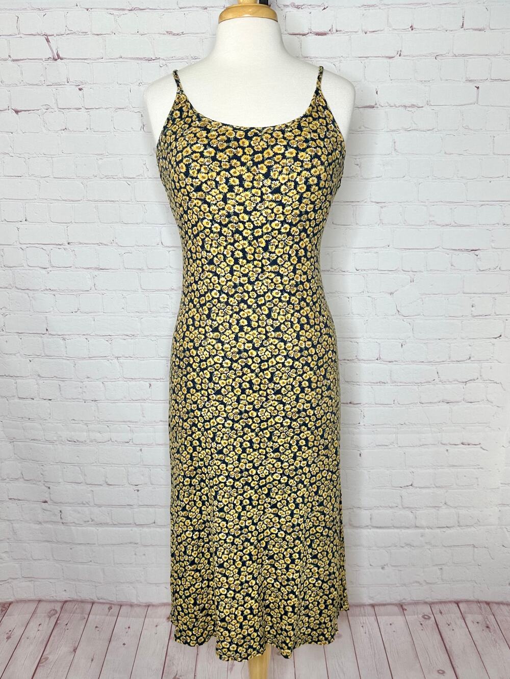 Vintage 90's Chorus Line Sunflower Ribbed Bodycon Dress Women's 4 Black Yellow